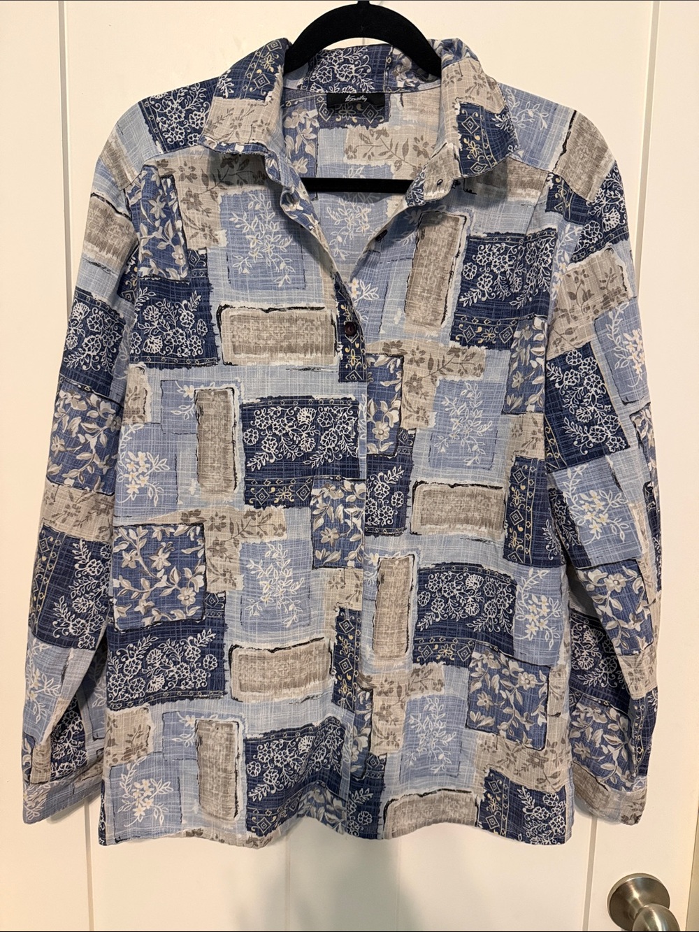 Tapestry Floral Patchwork Button-Up Shirt in Blue and White Cottagecore - Picture 1 of 7